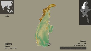 Sagaing 'in şekli, Myanmar' ın bölünmesi ve başkenti. Uzaklık ölçeği, ön gösterimler ve etiketler. Topografik yardım haritası. 3B görüntüleme
