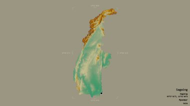 Sagaing bölgesi, Myanmar 'ın bölümü, jeoreferatlı bir sınır kutusunda sağlam bir arka planda izole edilmiş. Etiketler. Topografik yardım haritası. 3B görüntüleme