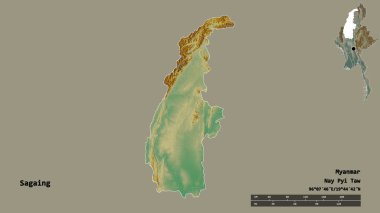 Sagaing 'in şekli, Myanmar' ın bölünmesi, sermayesi sağlam arka planda izole edilmiş. Uzaklık ölçeği, bölge önizlemesi ve etiketleri. Topografik yardım haritası. 3B görüntüleme