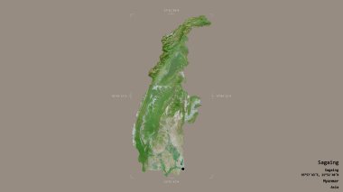 Sagaing bölgesi, Myanmar 'ın bölümü, jeoreferatlı bir sınır kutusunda sağlam bir arka planda izole edilmiş. Etiketler. Uydu görüntüleri. 3B görüntüleme