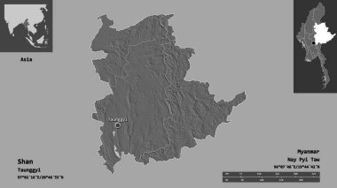 Shan 'ın şekli, Myanmar eyaleti ve başkenti. Uzaklık ölçeği, ön gösterimler ve etiketler. Çift seviyeli yükseklik haritası. 3B görüntüleme