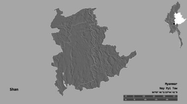 Shan 'ın şekli, Myanmar eyaleti, sermayesi sağlam arka planda izole edilmiş. Uzaklık ölçeği, bölge önizlemesi ve etiketleri. Çift seviyeli yükseklik haritası. 3B görüntüleme