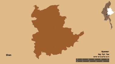 Shan 'ın şekli, Myanmar eyaleti, sermayesi sağlam arka planda izole edilmiş. Uzaklık ölçeği, bölge önizlemesi ve etiketleri. Düzenli desenli dokuların bileşimi. 3B görüntüleme
