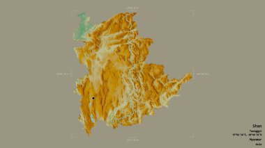 Shan bölgesi, Myanmar eyaleti, katı bir arka planda izole edilmiş bir sınır kutusunda. Etiketler. Topografik yardım haritası. 3B görüntüleme