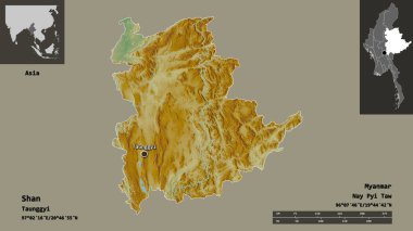 Shan 'ın şekli, Myanmar eyaleti ve başkenti. Uzaklık ölçeği, ön gösterimler ve etiketler. Topografik yardım haritası. 3B görüntüleme