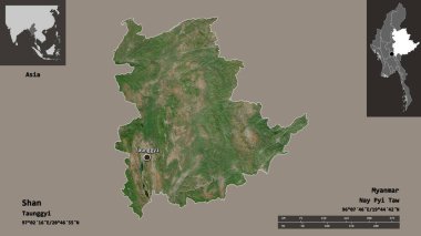 Shan 'ın şekli, Myanmar eyaleti ve başkenti. Uzaklık ölçeği, ön gösterimler ve etiketler. Uydu görüntüleri. 3B görüntüleme