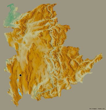 Shan 'ın şekli, Myanmar eyaleti, başkenti katı renk arka planında izole edilmiş. Topografik yardım haritası. 3B görüntüleme