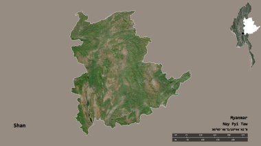 Shan 'ın şekli, Myanmar eyaleti, sermayesi sağlam arka planda izole edilmiş. Uzaklık ölçeği, bölge önizlemesi ve etiketleri. Uydu görüntüleri. 3B görüntüleme
