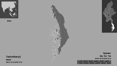 Tanintharyi 'nin şekli, Myanmar' ın bölünmesi ve başkenti. Uzaklık ölçeği, ön gösterimler ve etiketler. Çift seviyeli yükseklik haritası. 3B görüntüleme