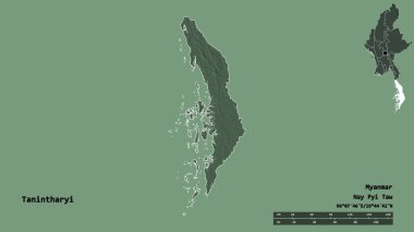 Tanintharyi 'nin şekli, Myanmar' ın bölünmesi, sermayesi sağlam arka planda izole edilmiş. Uzaklık ölçeği, bölge önizlemesi ve etiketleri. Renkli yükseklik haritası. 3B görüntüleme