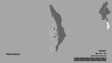 Tanintharyi 'nin şekli, Myanmar' ın bölünmesi, sermayesi sağlam arka planda izole edilmiş. Uzaklık ölçeği, bölge önizlemesi ve etiketleri. Çift seviyeli yükseklik haritası. 3B görüntüleme