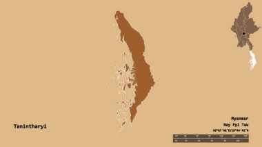 Tanintharyi 'nin şekli, Myanmar' ın bölünmesi, sermayesi sağlam arka planda izole edilmiş. Uzaklık ölçeği, bölge önizlemesi ve etiketleri. Düzenli desenli dokuların bileşimi. 3B görüntüleme