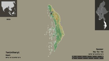 Tanintharyi 'nin şekli, Myanmar' ın bölünmesi ve başkenti. Uzaklık ölçeği, ön gösterimler ve etiketler. Topografik yardım haritası. 3B görüntüleme
