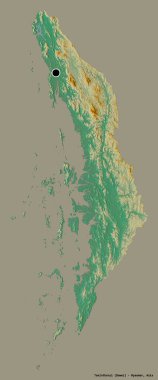 Tanintharyi 'nin şekli, Myanmar' ın bölünmesi, başkenti katı bir renk arkaplanı ile izole edilmiş. Topografik yardım haritası. 3B görüntüleme