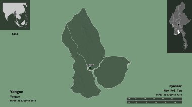 Yangon 'un şekli, Myanmar' ın bölünmesi ve başkenti. Uzaklık ölçeği, ön gösterimler ve etiketler. Renkli yükseklik haritası. 3B görüntüleme