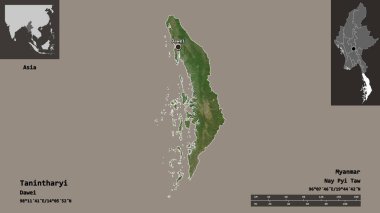 Tanintharyi 'nin şekli, Myanmar' ın bölünmesi ve başkenti. Uzaklık ölçeği, ön gösterimler ve etiketler. Uydu görüntüleri. 3B görüntüleme