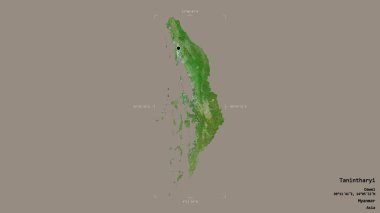 Tanintharyi bölgesi, Myanmar 'ın bölümü, katı bir arka planda izole edilmiş bir sınır kutusunda. Etiketler. Uydu görüntüleri. 3B görüntüleme