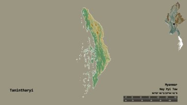 Tanintharyi 'nin şekli, Myanmar' ın bölünmesi, sermayesi sağlam arka planda izole edilmiş. Uzaklık ölçeği, bölge önizlemesi ve etiketleri. Topografik yardım haritası. 3B görüntüleme