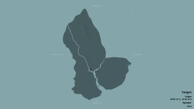 Yangon bölgesi, Myanmar 'ın bölümü, sağlam bir arka planda izole edilmiş bir sınır kutusunda. Etiketler. Renkli yükseklik haritası. 3B görüntüleme