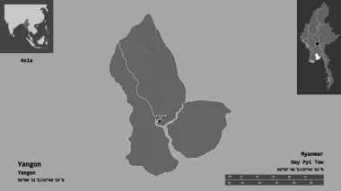 Yangon 'un şekli, Myanmar' ın bölünmesi ve başkenti. Uzaklık ölçeği, ön gösterimler ve etiketler. Çift seviyeli yükseklik haritası. 3B görüntüleme