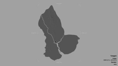 Yangon bölgesi, Myanmar 'ın bölümü, sağlam bir arka planda izole edilmiş bir sınır kutusunda. Etiketler. Çift seviyeli yükseklik haritası. 3B görüntüleme