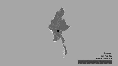 Başkenti, ana bölgesel bölümü ve ayrılmış Yangon bölgesiyle Myanmar 'ın deforme edilmiş şekli. Etiketler. Çift seviyeli yükseklik haritası. 3B görüntüleme