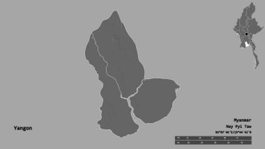 Yangon 'un şekli, Myanmar' ın bölünmesi, sermayesi sağlam arka planda izole edilmiş. Uzaklık ölçeği, bölge önizlemesi ve etiketleri. Çift seviyeli yükseklik haritası. 3B görüntüleme