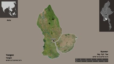 Yangon 'un şekli, Myanmar' ın bölünmesi ve başkenti. Uzaklık ölçeği, ön gösterimler ve etiketler. Uydu görüntüleri. 3B görüntüleme