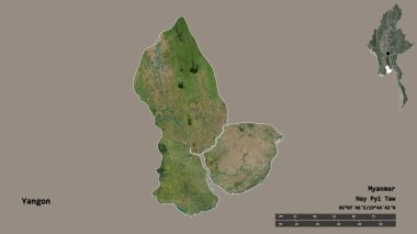 Yangon 'un şekli, Myanmar' ın bölünmesi, sermayesi sağlam arka planda izole edilmiş. Uzaklık ölçeği, bölge önizlemesi ve etiketleri. Uydu görüntüleri. 3B görüntüleme