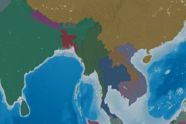 Myanmar 'ın genişletilmiş bölgesi. Renkli yükseklik haritası. 3B görüntüleme