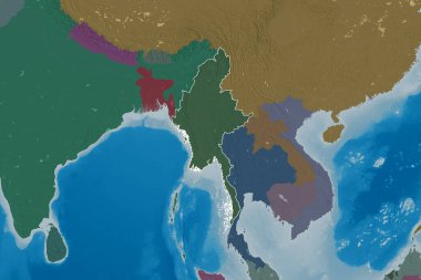 Myanmar 'ın genişletilmiş alanı. Renkli yükseklik haritası. 3B görüntüleme