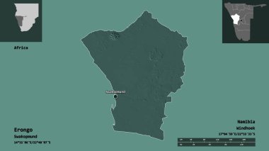 Erongo 'nun şekli, Namibya bölgesi ve başkenti. Uzaklık ölçeği, ön gösterimler ve etiketler. Renkli yükseklik haritası. 3B görüntüleme