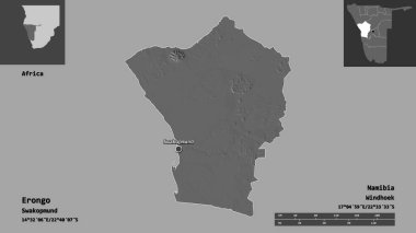 Erongo 'nun şekli, Namibya bölgesi ve başkenti. Uzaklık ölçeği, ön gösterimler ve etiketler. Çift seviyeli yükseklik haritası. 3B görüntüleme