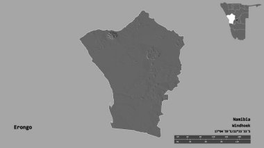 Erongo 'nun şekli, Namibya bölgesi, başkenti sağlam bir zemin üzerinde izole edilmiş. Uzaklık ölçeği, bölge önizlemesi ve etiketleri. Çift seviyeli yükseklik haritası. 3B görüntüleme