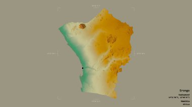 Erongo bölgesi, Namibya bölgesi, jeoreferatlı bir sınır kutusunda sağlam bir arka planda izole edilmiş. Etiketler. Topografik yardım haritası. 3B görüntüleme