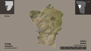 Erongo 'nun şekli, Namibya bölgesi ve başkenti. Uzaklık ölçeği, ön gösterimler ve etiketler. Uydu görüntüleri. 3B görüntüleme