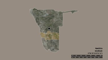 Başkenti, ana bölgesel bölümü ve ayrılmış Hardap bölgesiyle Namibya 'nın deforme edilmiş şekli. Etiketler. Uydu görüntüleri. 3B görüntüleme