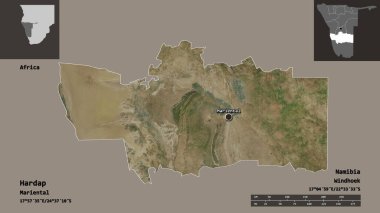 Hardap 'ın şekli, Namibya bölgesi ve başkenti. Uzaklık ölçeği, ön gösterimler ve etiketler. Uydu görüntüleri. 3B görüntüleme