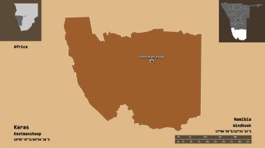 Karas 'ın şekli, Namibya bölgesi ve başkenti. Uzaklık ölçeği, ön gösterimler ve etiketler. Düzenli desenli dokuların bileşimi. 3B görüntüleme