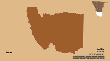 Karas 'ın şekli, Namibya bölgesi, sermayesi sağlam arka planda izole edilmiş. Uzaklık ölçeği, bölge önizlemesi ve etiketleri. Düzenli desenli dokuların bileşimi. 3B görüntüleme