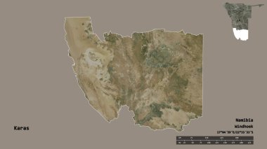 Karas 'ın şekli, Namibya bölgesi, sermayesi sağlam arka planda izole edilmiş. Uzaklık ölçeği, bölge önizlemesi ve etiketleri. Uydu görüntüleri. 3B görüntüleme