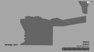 Kavango Doğu 'nun şekli, Namibya bölgesi, başkenti sağlam bir zemin üzerinde izole edilmiş. Uzaklık ölçeği, bölge önizlemesi ve etiketleri. Çift seviyeli yükseklik haritası. 3B görüntüleme