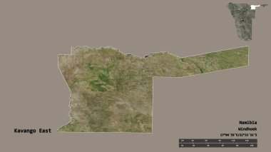 Kavango Doğu 'nun şekli, Namibya bölgesi, başkenti sağlam bir zemin üzerinde izole edilmiş. Uzaklık ölçeği, bölge önizlemesi ve etiketleri. Uydu görüntüleri. 3B görüntüleme