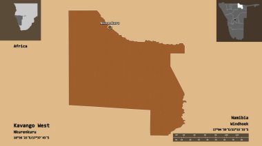 Kavango Batı 'nın şekli, Namibya bölgesi ve başkenti. Uzaklık ölçeği, ön gösterimler ve etiketler. Düzenli desenli dokuların bileşimi. 3B görüntüleme