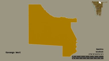 Kavango Batı 'nın şekli, Namibya bölgesi, başkenti sağlam bir zemin üzerinde izole edilmiş. Uzaklık ölçeği, bölge önizlemesi ve etiketleri. Topografik yardım haritası. 3B görüntüleme