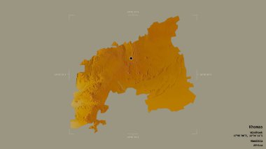 Khomas bölgesi, Namibya bölgesi, jeoreferatlı bir sınır kutusunda sağlam bir arka planda izole edilmiş. Etiketler. Topografik yardım haritası. 3B görüntüleme