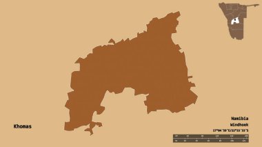 Namibya 'nın başkenti Khomas' ın katı arka planda izole edilmiş hali. Uzaklık ölçeği, bölge önizlemesi ve etiketleri. Düzenli desenli dokuların bileşimi. 3B görüntüleme