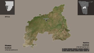 Khomas 'ın şekli, Namibya bölgesi ve başkenti. Uzaklık ölçeği, ön gösterimler ve etiketler. Uydu görüntüleri. 3B görüntüleme