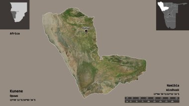 Kunene 'in şekli, Namibya bölgesi ve başkenti. Uzaklık ölçeği, ön gösterimler ve etiketler. Uydu görüntüleri. 3B görüntüleme