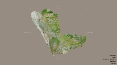 Kunene bölgesi, Namibya bölgesi, katı bir arka planda izole edilmiş bir sınır kutusunda. Etiketler. Uydu görüntüleri. 3B görüntüleme